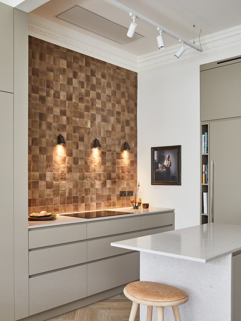 Bronze scale tile kitchen splashback feature wall